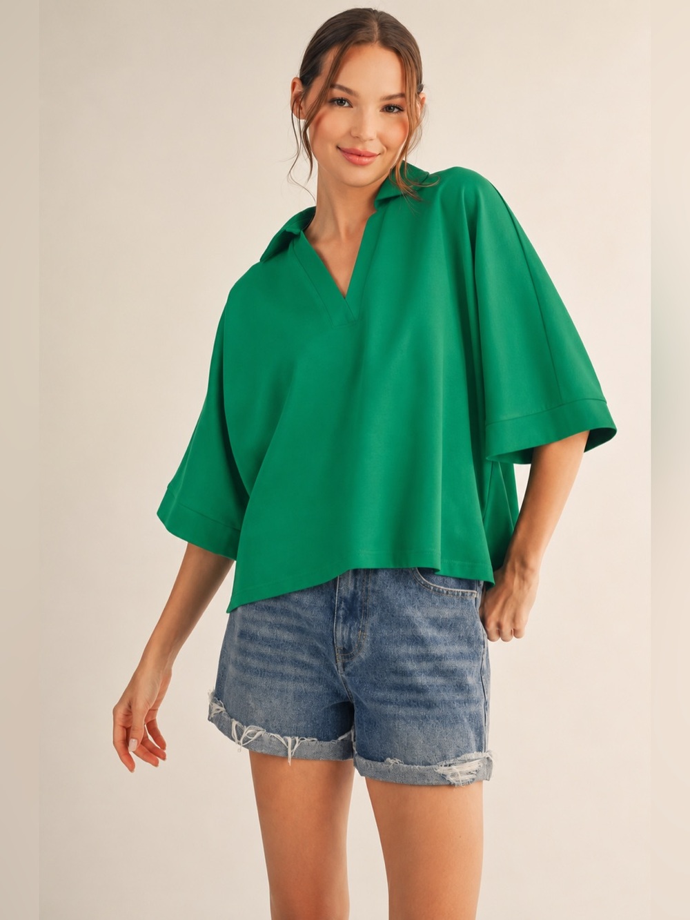 Jodifl V-Neck Relaxed Boxy Top in Emerald Green NWOT Small